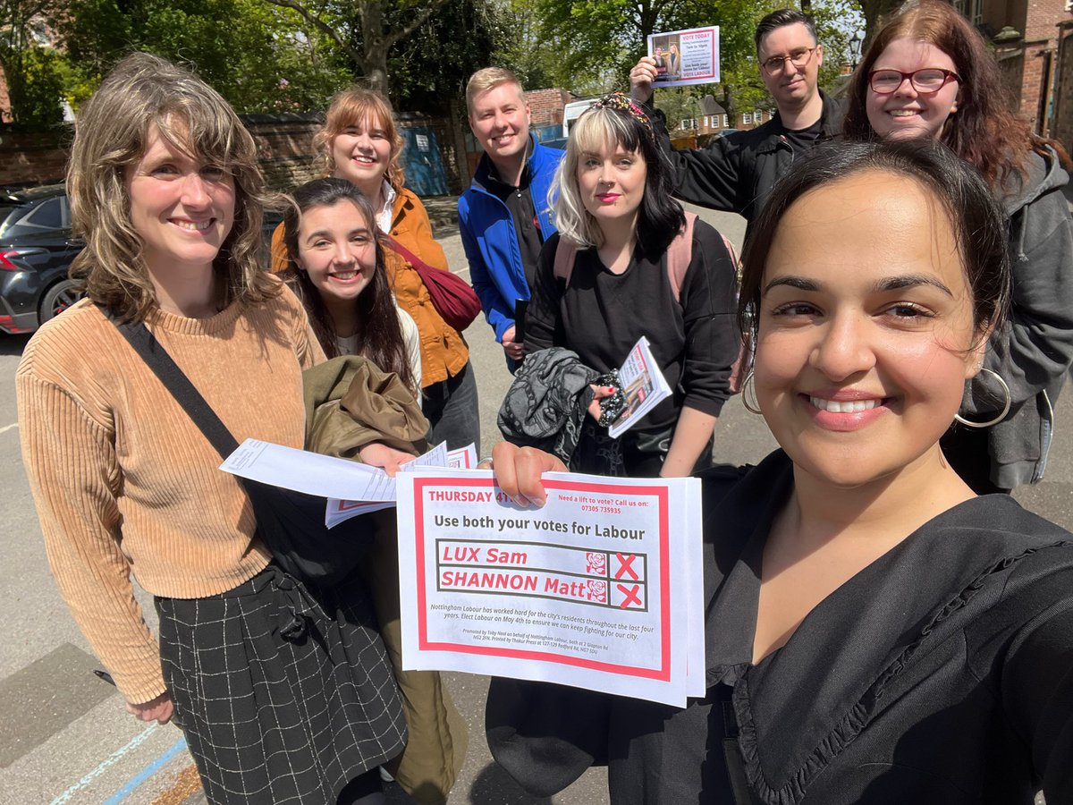 NadiaWhittomeMP's tweet photo. 🗳️ Today’s the day 🗳️

We’ve been out since the morning, speaking to residents about Labour’s vision for Nottingham.

Our city deserves better than the Tories. Let’s show them what we think about their rotten government.

Polls are open until 10pm. Don’t forget your ID! https://t.co/0xRfkaj5Mf
