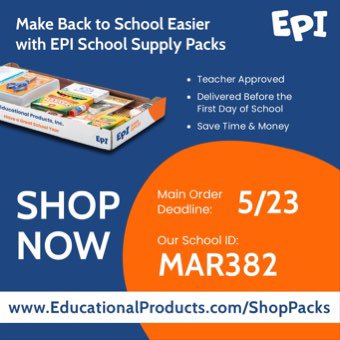 SHOP NOW for your 2023-24 school supplies. Avoid the stores and get all your school supply shopping done online. EPI school supply packs contain all the items and brands our teachers require. Order now with our School ID of MAR382 at educationalproducts.com/shoppacks/