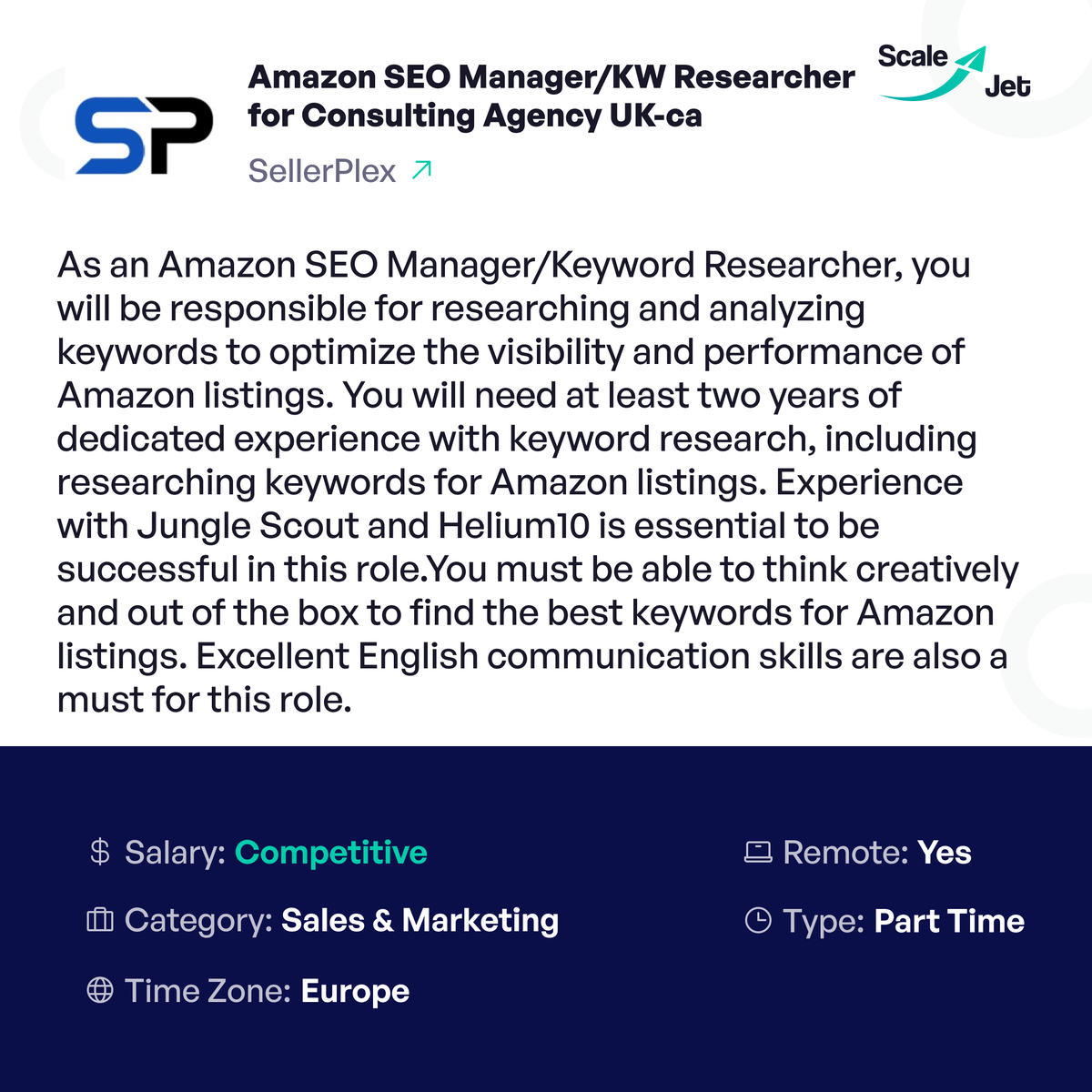 scale_jet's tweet photo. Be responsible for developing and executing Amazon SEO strategies to drive traffic and sales for @SellerPlex  clients. Apply now and take the next step in your career!
https://t.co/ddQEOuPVdp https://t.co/YTDdmer8ml