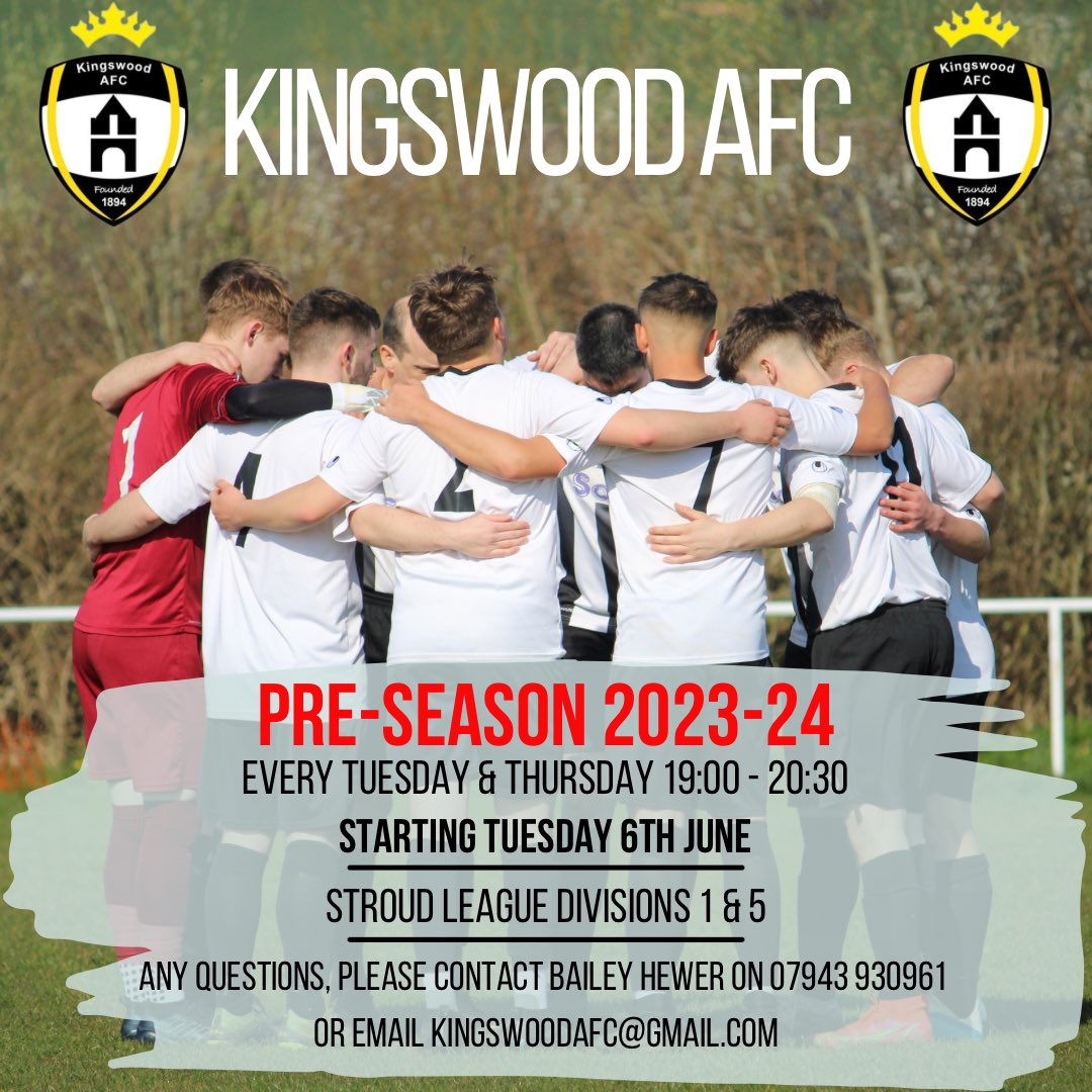 TheKingswoodAFC's tweet photo. ⚽️PRE-SEASON TRAINING⚽️

We would like to welcome any players who are interested in playing some Saturday league football to Kingswood AFC pre-season training, starting Tuesday 6th June at Kingswood Village Hall.

Please note you must be 16+ to join!

#UTK 👑🐝⚽️⚫️⚪️ https://t.co/lNXHub3znE