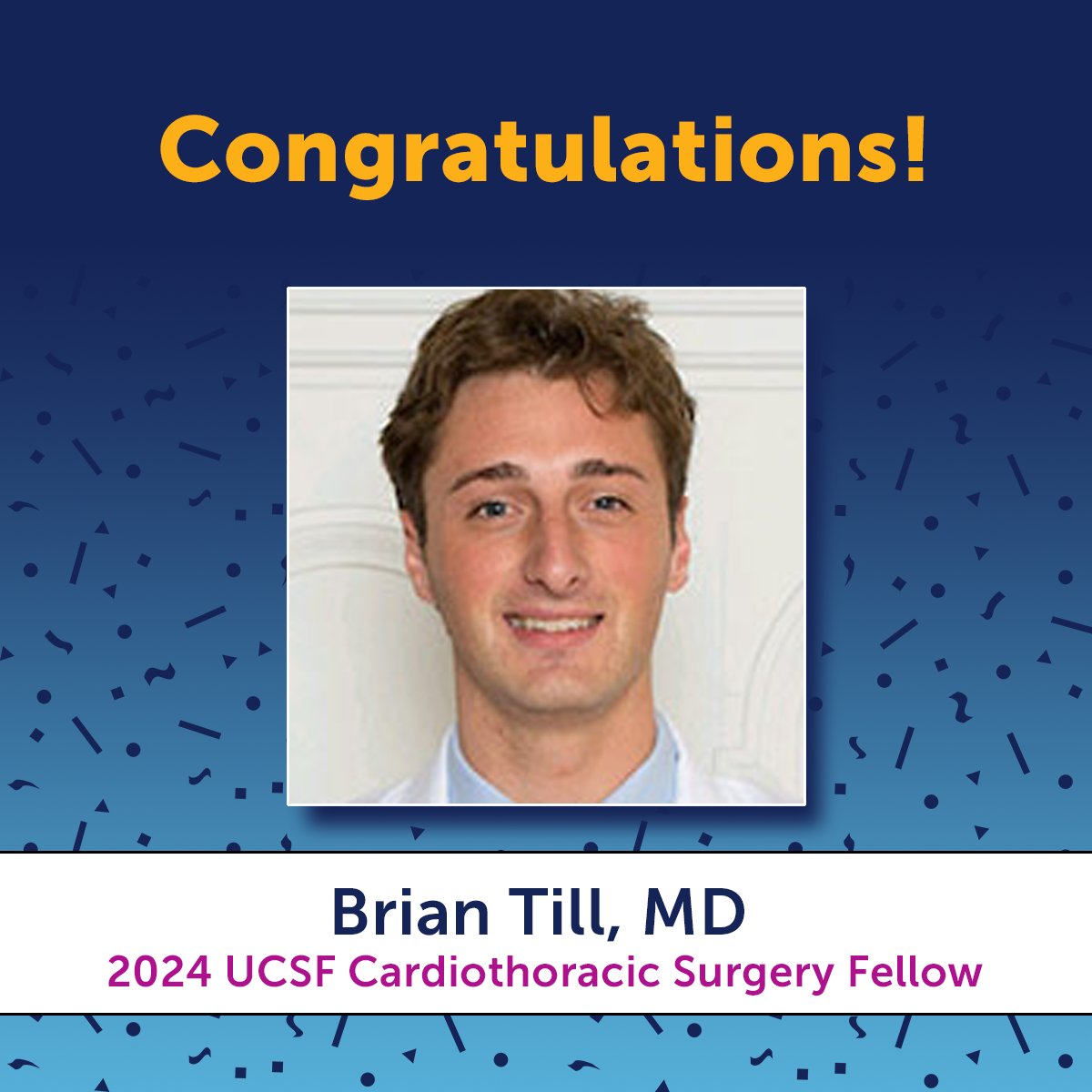 Congratulations to incoming chief resident @BrianTillMD on matching with @UCSFCTSurgery @UCSFSurgery for a Cardiothoracic Surgery Fellowship 👏