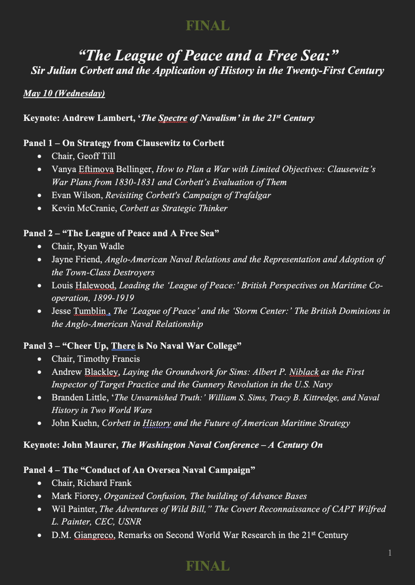 Corbett_100's tweet photo. Please find attached the final schedule for the 3rd Corbett 100 conference being held 🇺🇸@NavalWarCollege next week (9-12 May). 
The conference will focus on a range of historical &amp; contemporary questions related to strategy, seapower, national policy, alliances, logistics &amp; more. https://t.co/q0BJdoGiHU