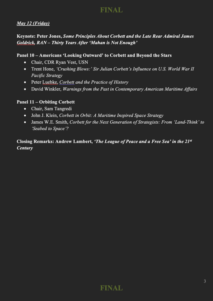 Corbett_100's tweet photo. Please find attached the final schedule for the 3rd Corbett 100 conference being held 🇺🇸@NavalWarCollege next week (9-12 May). 
The conference will focus on a range of historical &amp; contemporary questions related to strategy, seapower, national policy, alliances, logistics &amp; more. https://t.co/q0BJdoGiHU