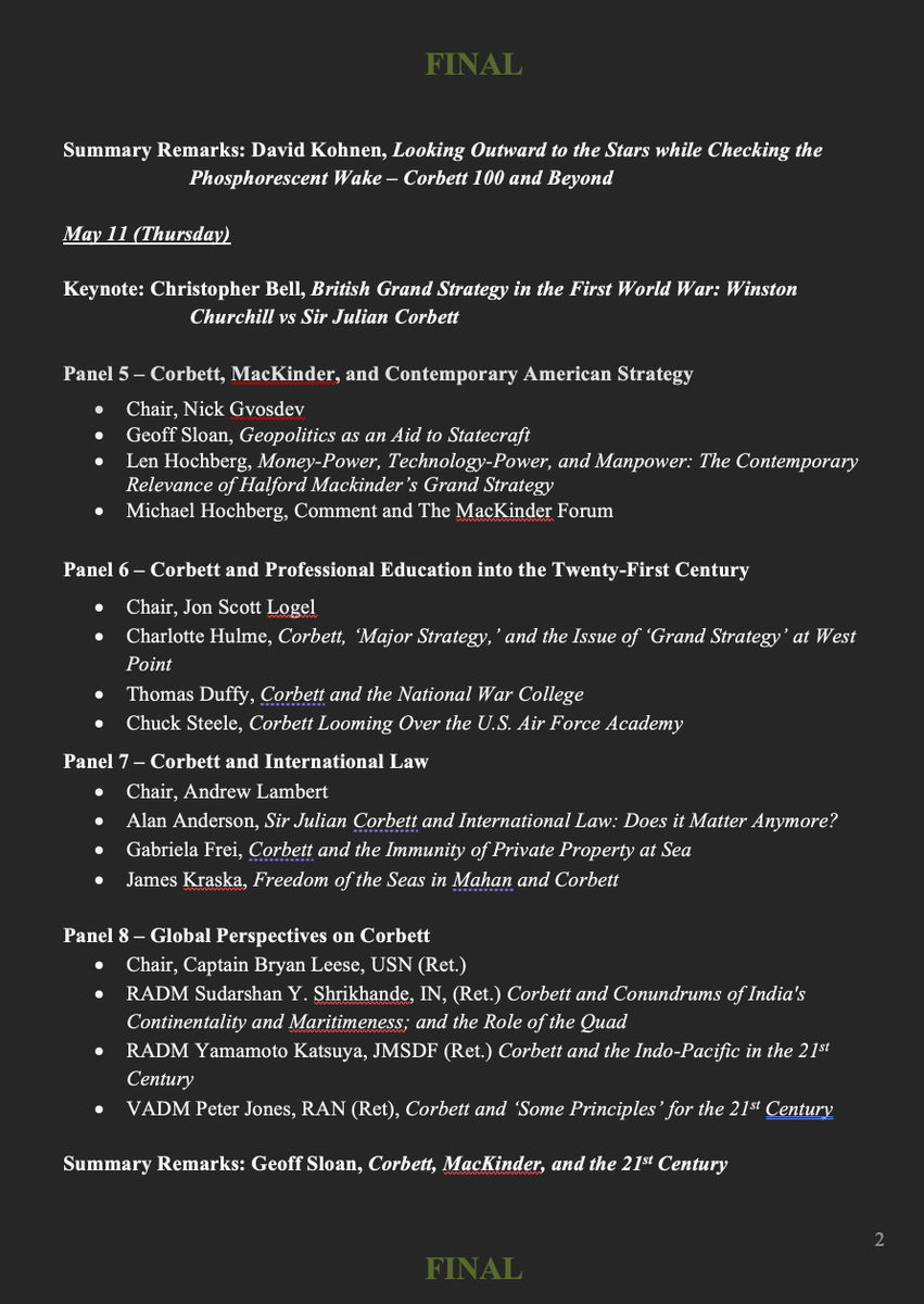 Corbett_100's tweet photo. Please find attached the final schedule for the 3rd Corbett 100 conference being held 🇺🇸@NavalWarCollege next week (9-12 May). 
The conference will focus on a range of historical &amp; contemporary questions related to strategy, seapower, national policy, alliances, logistics &amp; more. https://t.co/q0BJdoGiHU