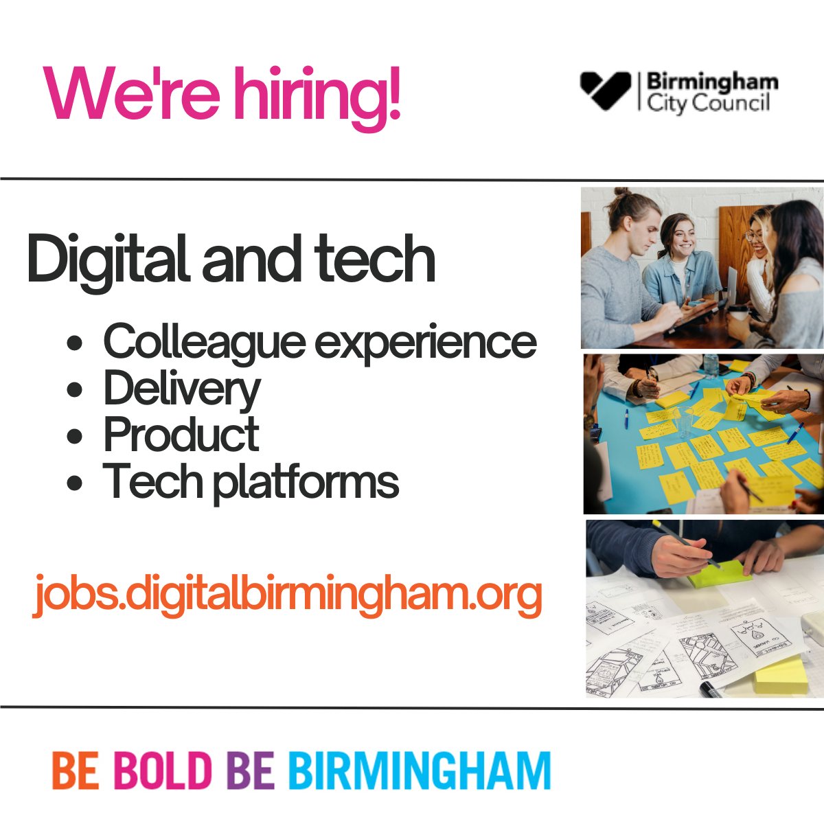 CherylDoran's tweet photo. Digital is alive and well in local government 🙌 Birmingham - the biggest and soon to be best digital team in local gov is hiring DDAT roles in all areas right now!  Come and join us, work at scale and deliver real change for a bold, brilliant city.  https://t.co/iCovUgnjIt https://t.co/GG23sUKJQj