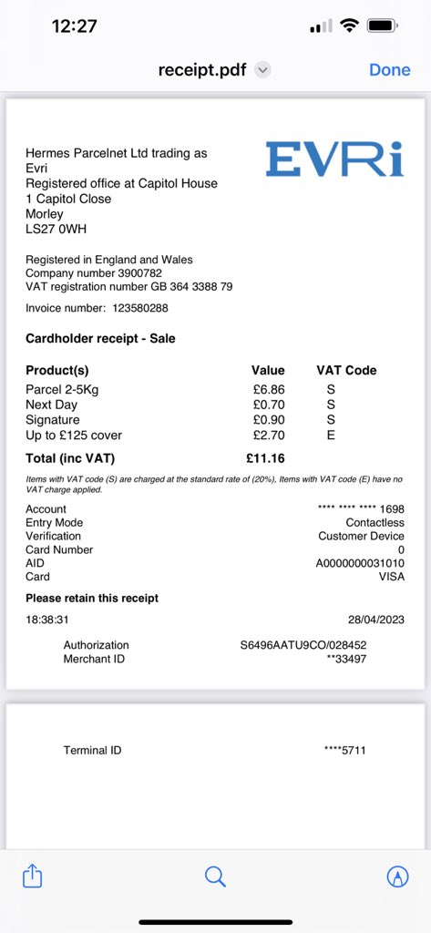 Mykey1985's tweet photo. @vestiaireco 
I sold an item with you recently and when sending 32772076 the label I had printed that you provided didn’t work. I was asked to purchase a new label which I did. I am now awaiting payment, this has now been ongoing for 1 week!  Could you please pay me the £125. https://t.co/Db1XNChVYj