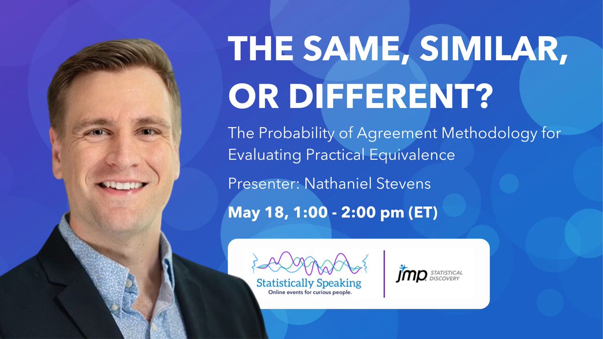 JMP_software's tweet photo. Did you know that applying agreement methodology to your data exploration can enhance your overall analysis? 📈 

Join us for our next #StatSpeaking on May 18th, where we'll hear from Nathaniel Stevens (@UWaterloo). 

Register &amp; learn more 👉 https://t.co/j1pljKFU99 https://t.co/a2u872vPrL