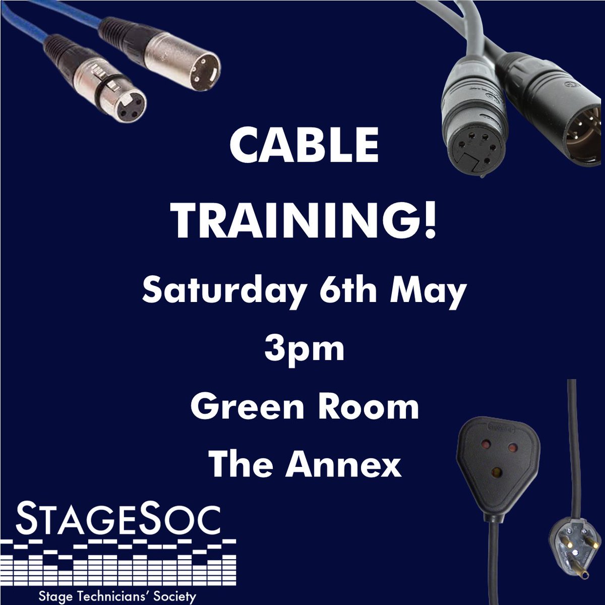 This Saturday, come along to our first ever Cable Training, for a chance to see all of the cable types/lengths laid out in the Annex!

This is open to anyone who would like to get familiar with our cable types, and this knowledge will make rigging and get-outs run more smoothly!