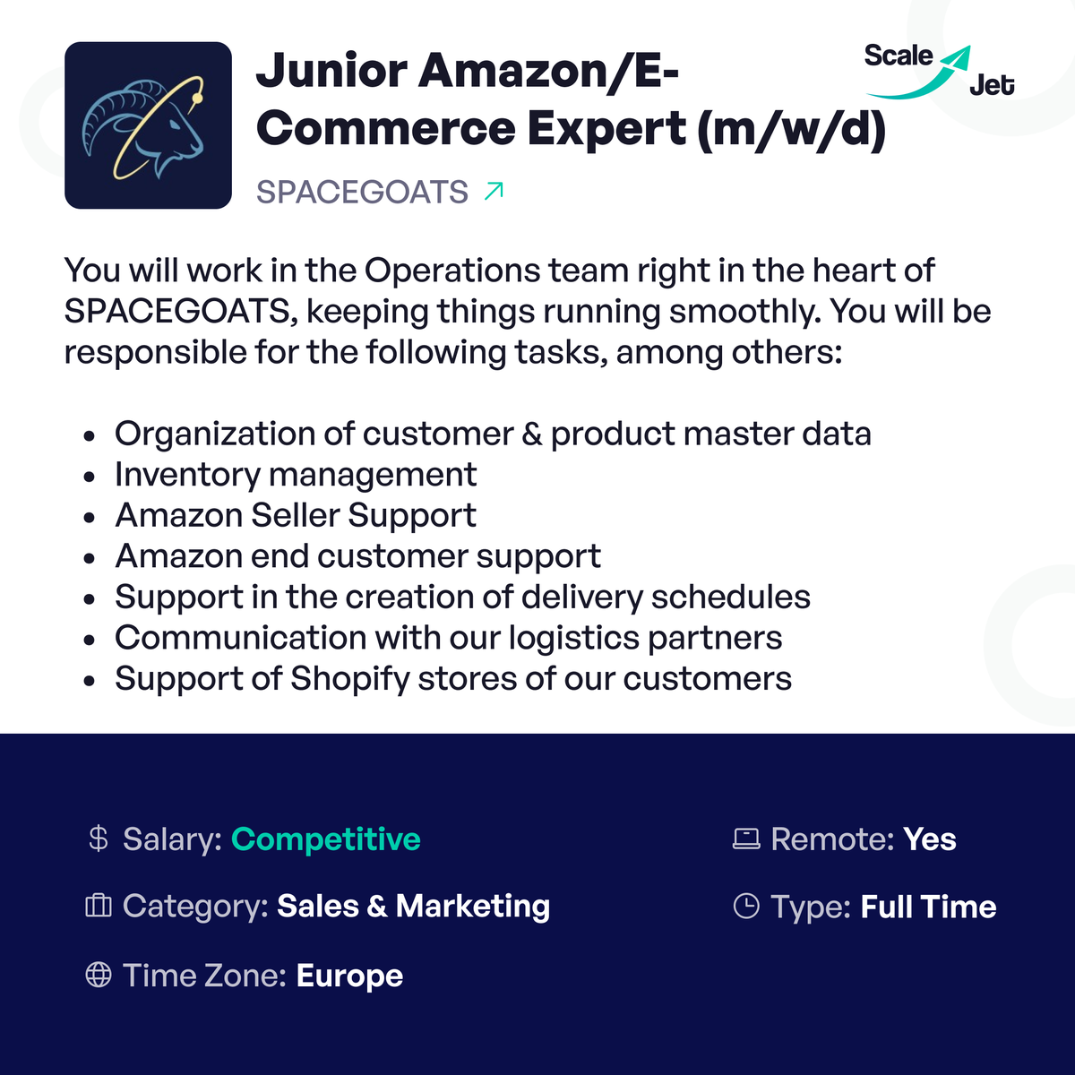 scale_jet's tweet photo. Gain experience in the e-commerce industry and work alongside experienced professionals at @spacegoats_io 
Apply now and start your eCommerce journey!
https://t.co/tnVzwxekSm https://t.co/eMY9pwBdY1