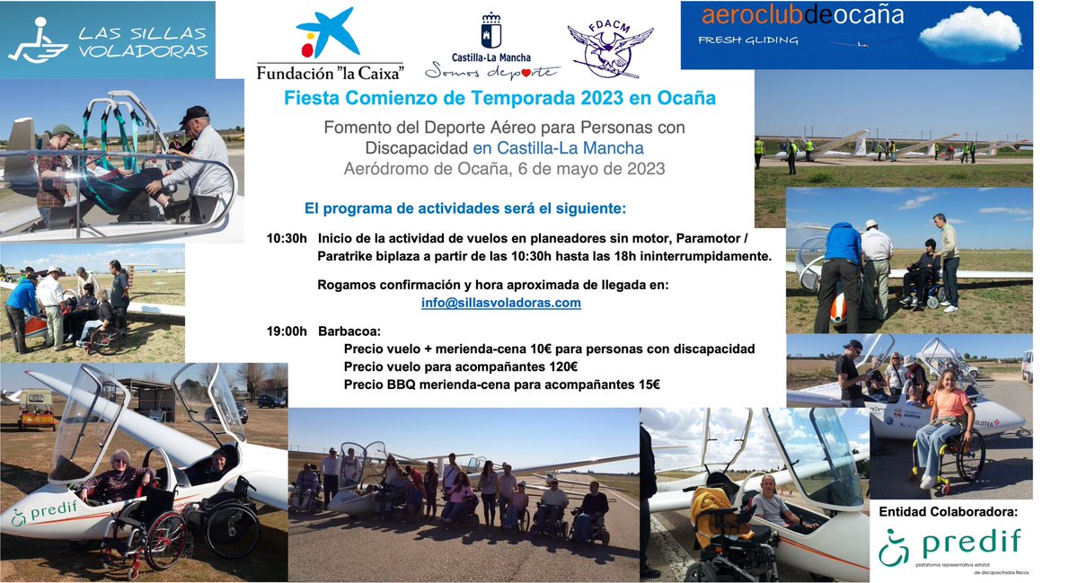 Fund_Tambien's tweet photo. ¡10 PLAZAS PARA DEPORTE AÉREO✈ PARA PERSONAS CON DISCAPACIDAD ESTE SÁBADO 6 DE MAYO😮!
Desde #LasSillasVoladoras nos escriben con este plan de sábado en el aeródromo de Ocaña para hacer vuelos en #planeadores #sinmotor, #paramotor / #paratrike biplaza.
info@sillasvoladoras.com https://t.co/qBOMwWyFs4
