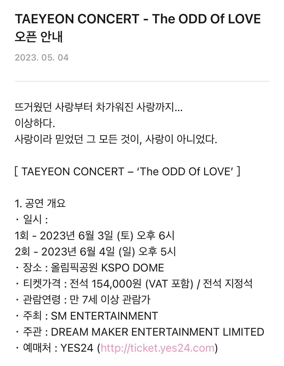 kimtaenos's tweet photo. so basically the previous info was correct.
3rd june is the first day for taeyeon's concert 'the odd of love'

- seoul
- bangkok (rumored to be in june too) 
- singapore
- hong kong (also june)

we've been waiting for this for so long and now it's happening in just a month 😭😭😭 https://t.co/WP7MZj9POk