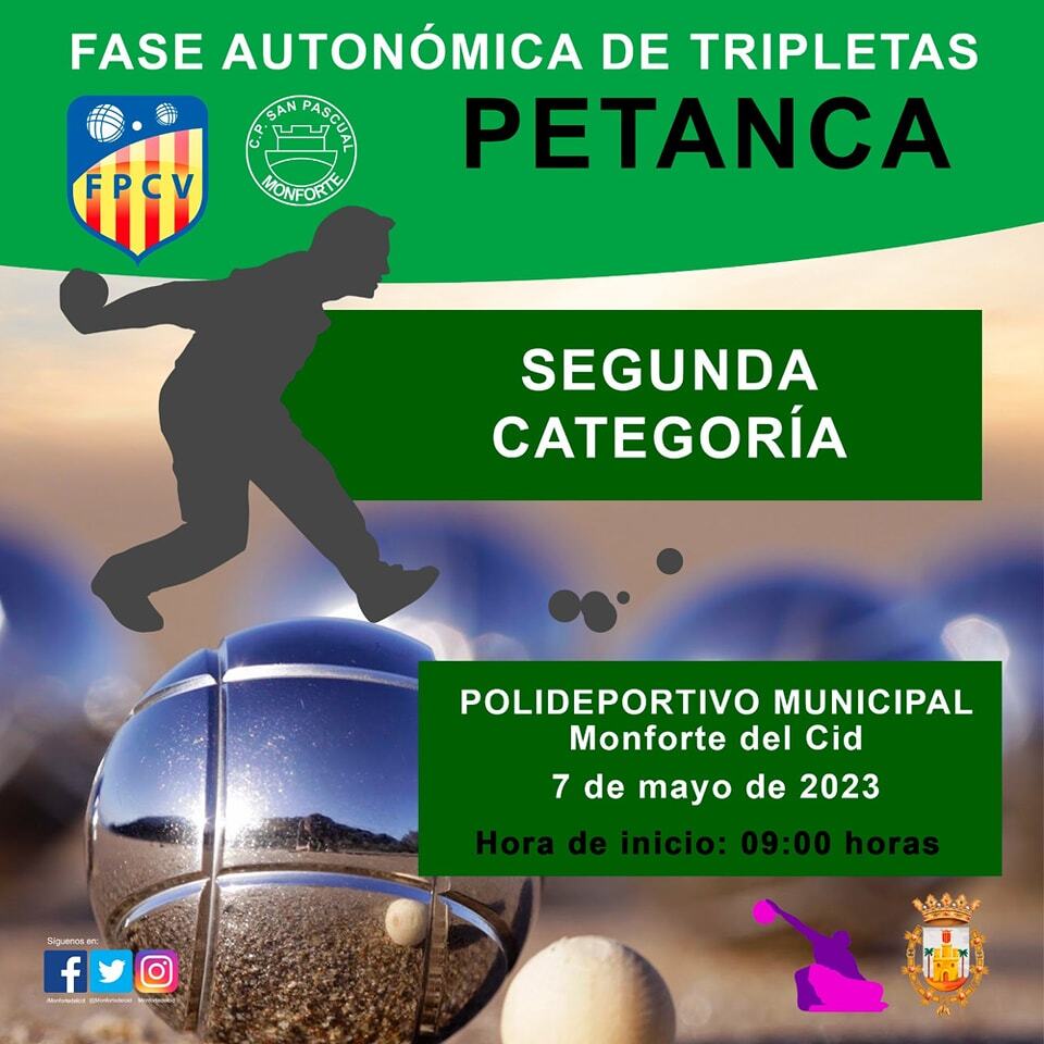 DEPORTES| Autonómico de tripletas de segunda categoría.
Este próximo domingo 7 de mayo, en el Polideportivo Municipal, se celebrará el torneo autonómico de tripletas de segunda categoría. El torneo, que reunirá en Monforte a petanquistas de mucho nivel, … instagr.am/p/Cr0naPnNyhx/