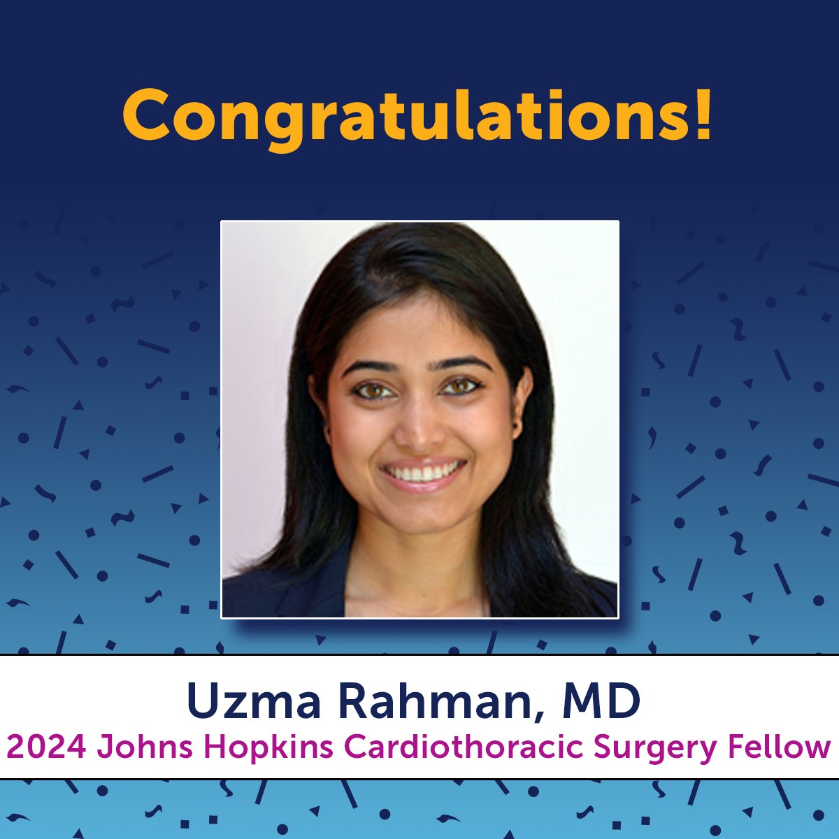 Congratulations to @UzmaRahmanMD on matching with @HopkinsCTSurg @hopkinssurgery @HopkinsMedicine for a Cardiothoracic Surgery Fellowship 👏