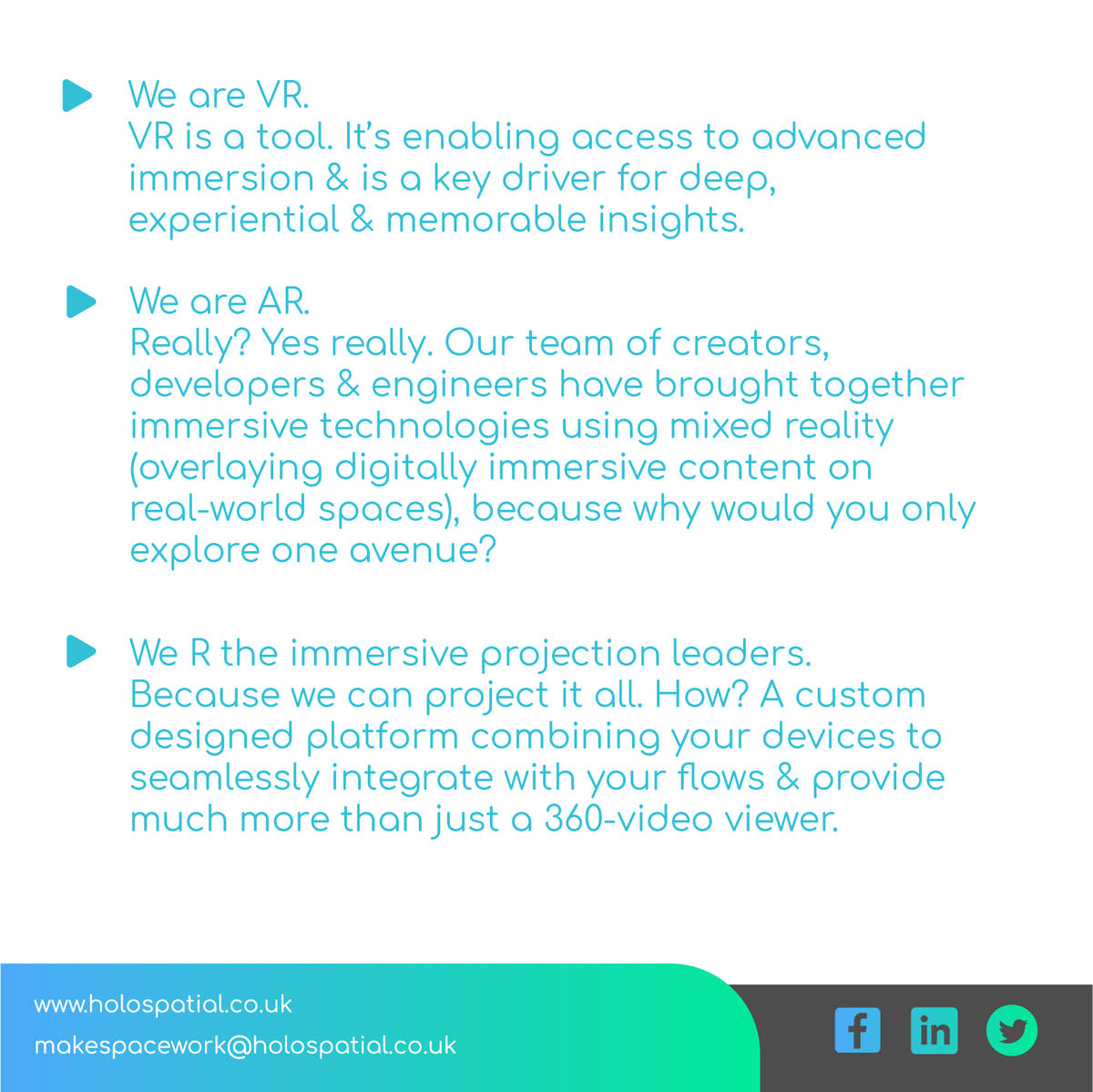 holospatial's tweet image. Here's a little info about who we are! As we work in multiple forms there's always a way for us to bring your space to life! #VR #AR #Holospatial #virtualenvironment #virtualreality #augmentedreality #FuturisticWorld #businessnetworking #branding   #technology