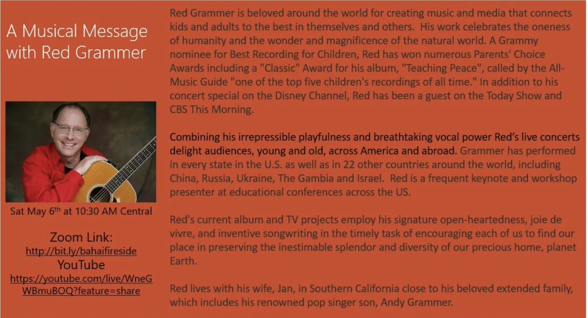 AustinBahai's tweet photo. Join us this Saturday at 10:30 for a special musical #fireside with the beloved @redgrammer! Links at https://t.co/pcfXIndnAj https://t.co/2BJwiiiCo7