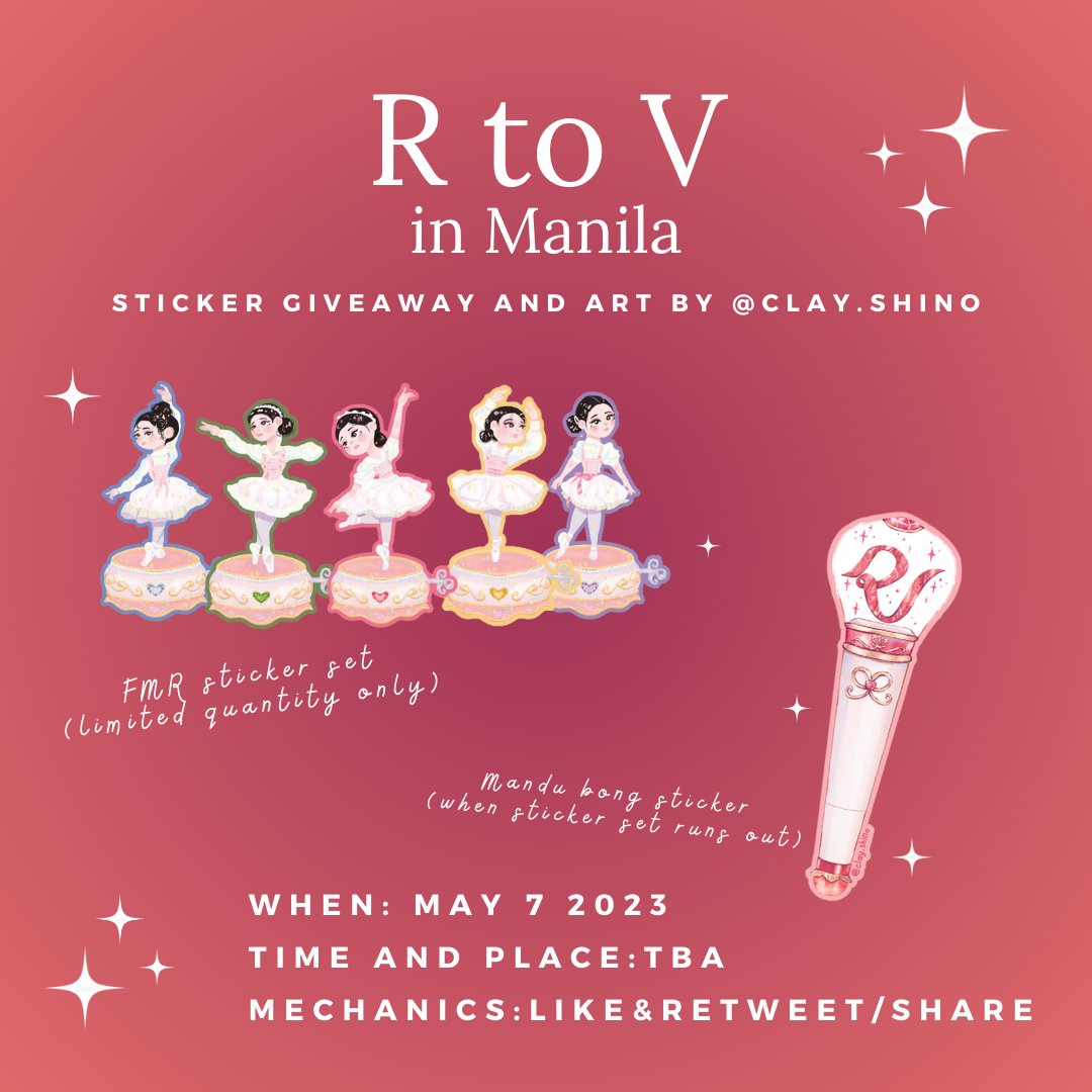 Happiness! ✨ #RedVelvet4thConcert_RtoV_in_MANILA giveaway/freebies!!! ❤️💛💚💙💜

💖Strictly 1:1 ratio
💖Pls Like &amp; rt
💖Time and place TBA so pls stay tuned

See you soon Luvies!~
#RtoVManila #RtoV