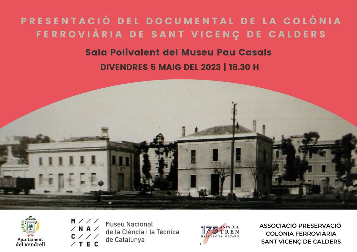 El <a href="/MNACTEC/">Museu Ciència Cat</a> ha produït un documental sobre la història de la Colònia Ferroviària de Sant Vicenç de Calders. 

Demà es farà la presentació d'aquesta obra al <a href="/museupaucasals/">Museu Pau Casals</a>. 

🗓️ Divendres 5 de maig del 2023
🕡 18:30h
📍Museu Pau Casals

#175tren  #ElVendrell