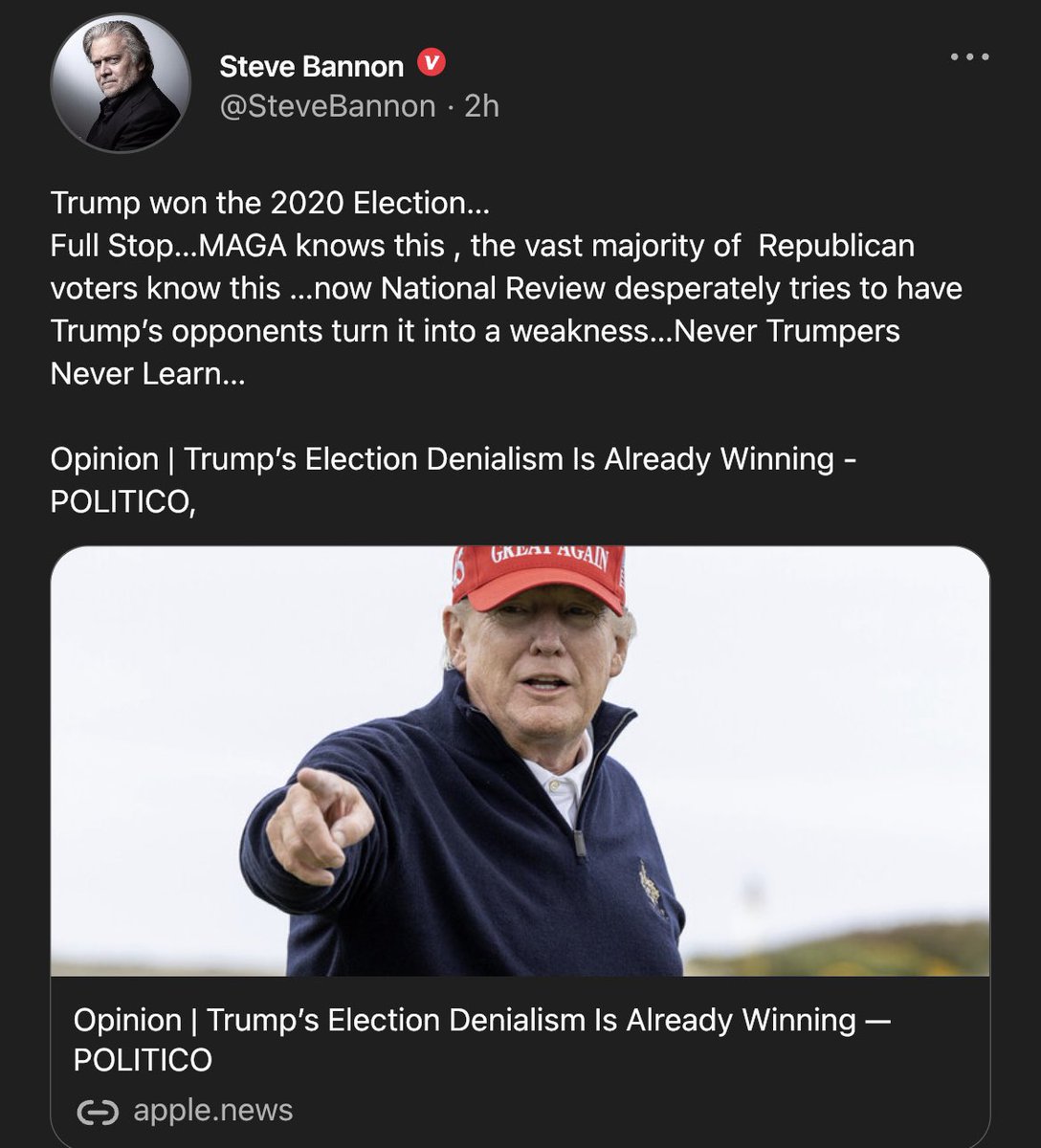 gc22gc's tweet photo. Trump won the 2020 Election…
Full Stop…MAGA knows this , the vast majority of  Republican voters know this …now National Review desperately tries to have Trump’s opponents turn it into a weakness…Never Trumpers Never Learn… 

Opinion | Trump’s Election Denialism Is Already Winning - POLITICO,https://t.co/p9wag7fUb7