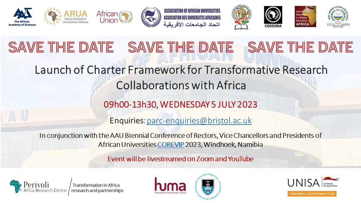 huma_africa's tweet photo. Excited to announce the #TransformativePartnerships #Charter #LAUNCH on 5th July 2023 during #COREVIP conference in #Windhoek #Namibia with partners: @AAU_67 @CODESRIA @AASciences @ARUA_News Facilitators: @huma_africa @UCT_news @LuthuliResearch @unisa @PerivoliARC @BristolUni https://t.co/wkvvMpVxVZ