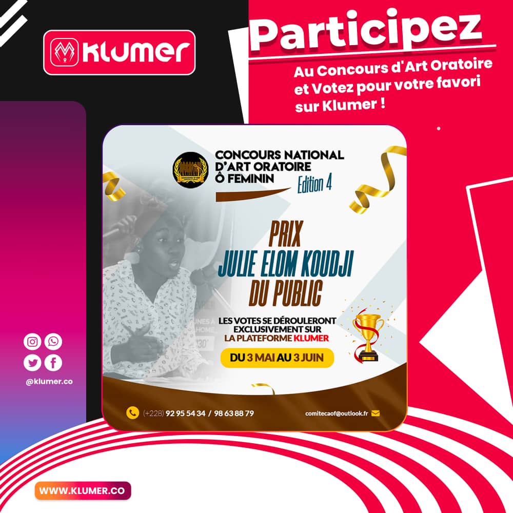 klumer_co's tweet photo. https://t.co/Hv0ytkTE9y
C'est avec joie que nous vous annonçons le déroulement exclusif des votes pour le prix du public Julie Ekom KOUDJI dans le compte du Concours National d'art Oratoire Ô FÉMININ sur la plateforme Klumer.
#ôfeminin #pourletogo #evoting #klumer https://t.co/c4BS863nHM