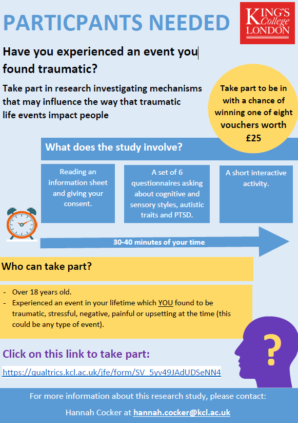 PTSDAutismStudy's tweet image. Excited to share that we have started recruitment for our new research exploring neurological mechanisms  that may influence the way that traumatic life events impact autistic and non-autistic people #Autism #PTSD

Click the link to take part: qualtrics.kcl.ac.uk/jfe/form/SV_5y…
