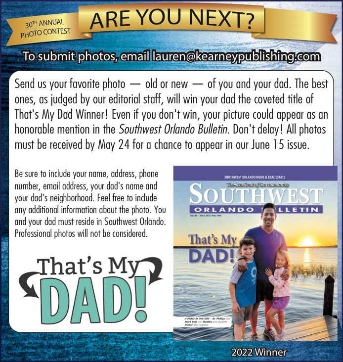 swbulletin's tweet photo. Celebrate Dad this year by submitting your favorite photo of you with your dad for our 30th annual That's My Dad! Photo Contest. 
Email photos ("Actual Size" or "Large Size" if sending from a phone) to Lauren@kearneypublishing.com. https://t.co/IvDSN4Q8TR