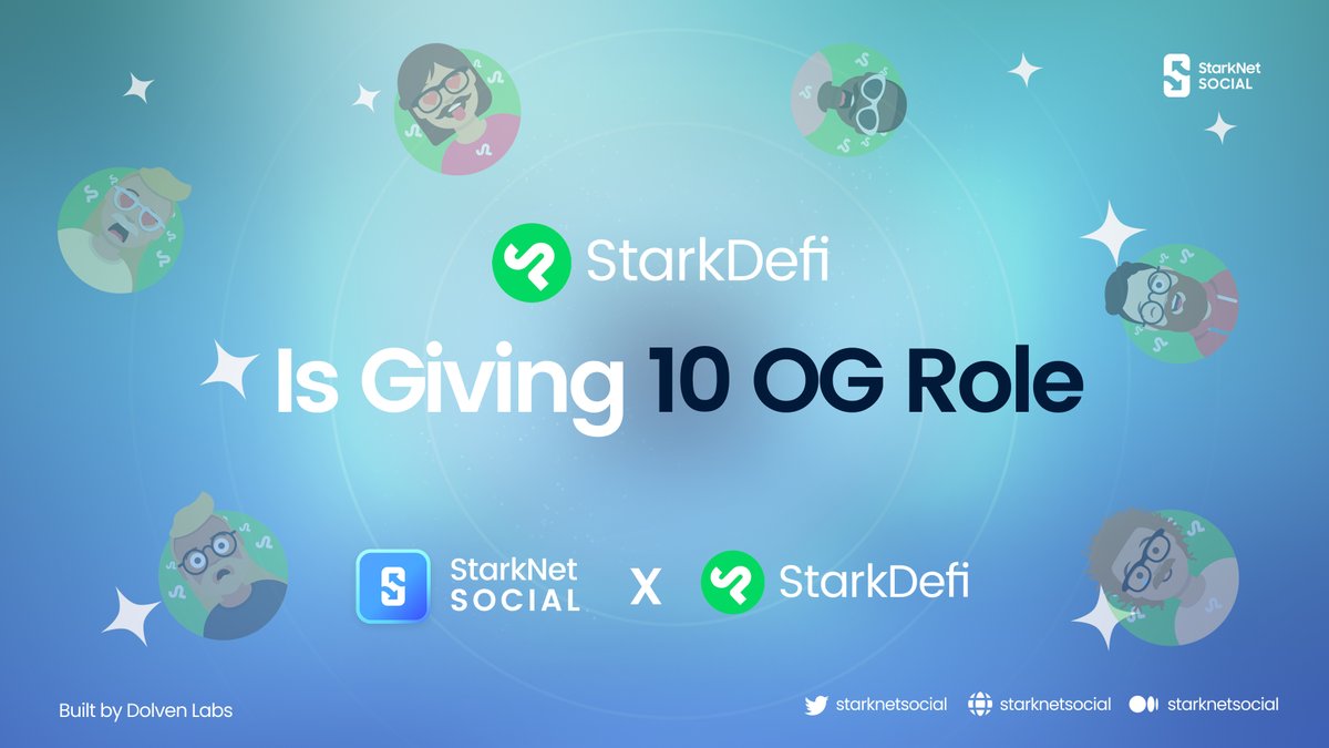 StarknetSocial's tweet photo. 🎉 Wohoo! @StarkDefi has joined the fam. 

And are giving away 10 🔥OG Roles🔥 for their ultra-exclusive 🎉Discord community🎉 to Starknet Social users! 🔥

To Participate:
✅ Follow @StarkDefi on Starknet Social (https://t.co/PcIOfUK4Ek)
✅ Like & RT this tweet

#Starknet #StarknetSocial