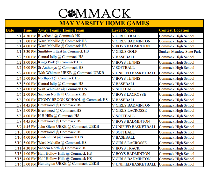 CommackSchools's tweet photo. Come out and support our #CommackCougars at May's home games!
#CommackPride #Track #Badminton #Golf #Baseball #UnifiedBasketball #Tennis #Softball #Lacrosse
#CommackHighSchool #CommackSchools #GOCOUGARS https://t.co/19jxbQieK5