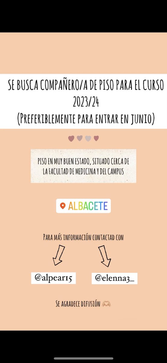 Hola, somos 2 chicas de 4º de medicina y estamos buscando un/a tercer/a compañero/a de piso para el curso 2023/24, preferiblemente para entrar en junio.
Para más información contactad conmigo o con <a href="/elenna3_/">Elena</a> , somos bastante majas, así que no os de corte 🤭🫶🏼
Se agradece el RT🤙🏽