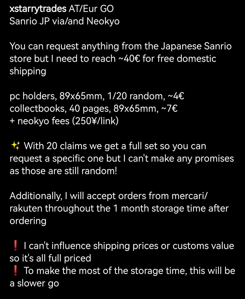 xstarrytrades's tweet photo. At/Eur GO for Neokyo and Sanrio JP

Info on last slide
DM me if you have any other question

❗ cross-hosted on instagram https://t.co/62nSae5p9C