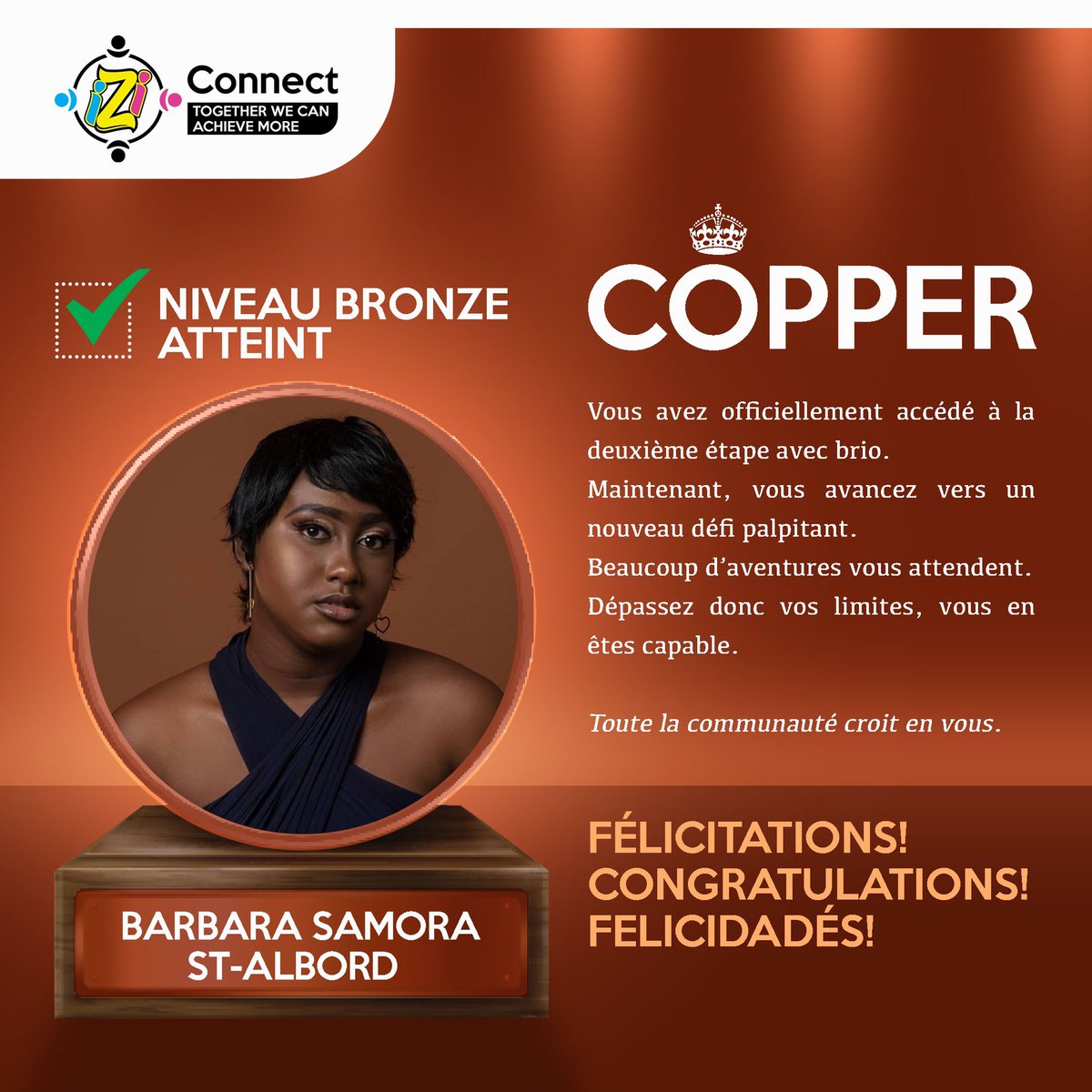 IziConnect's tweet photo. Félicitations à notre très chère Samora pour avoir atteint le niveau Bronze au sein de notre communauté. Nous sommes fiers de toi!  #iziconnect #haiti #youth https://t.co/4BlJevJCwW