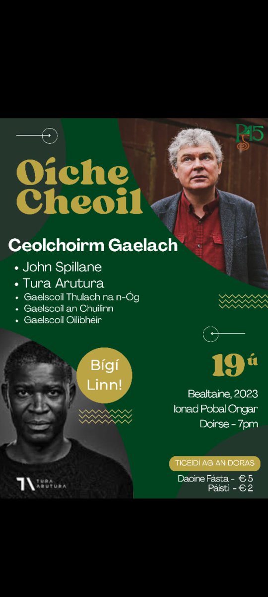 PobalGaeilge15's tweet photo. 📢 Oíche cheoil!!!
📅 Dé hAoine 19 Bealtaine
⏰️ 19:00
📍Ionad Pobail Ongar
🪕🎶 🎻
Bígí linn a chairde- beidh fáilte roimh chách!!
#Gaeilge #ceol #craic #caint #ceolchoirm #popupgaeltacht @JohnSpillane_ @arutura https://t.co/eGWXVn4Xxy