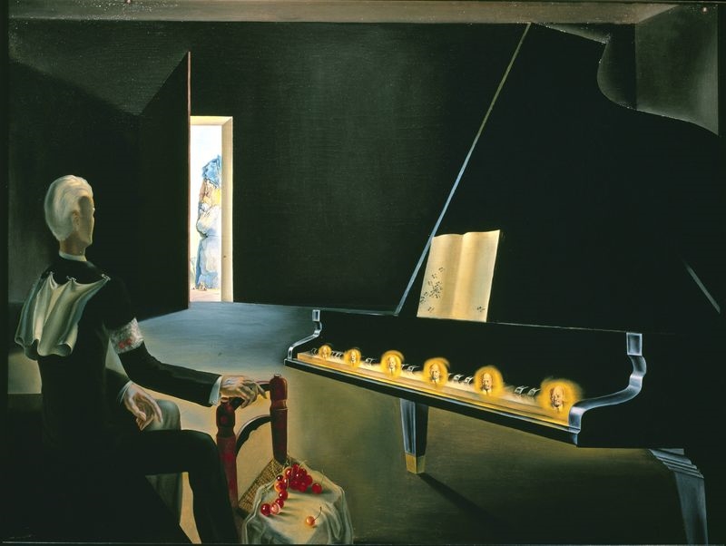 JKolras's tweet photo. Dali ? Da !
Voici ma toile de prédilection du maître fou (du chocolat Lanvin), un chef-d'œuvre - eh oui ! - visible au @CentrePompidou : Six images de Lénine sur un piano (1931). 
Au passage, on s'attardera sur le temps des cerises tout à fait "flétri"...⤵️ https://t.co/Cb50m0JKd1