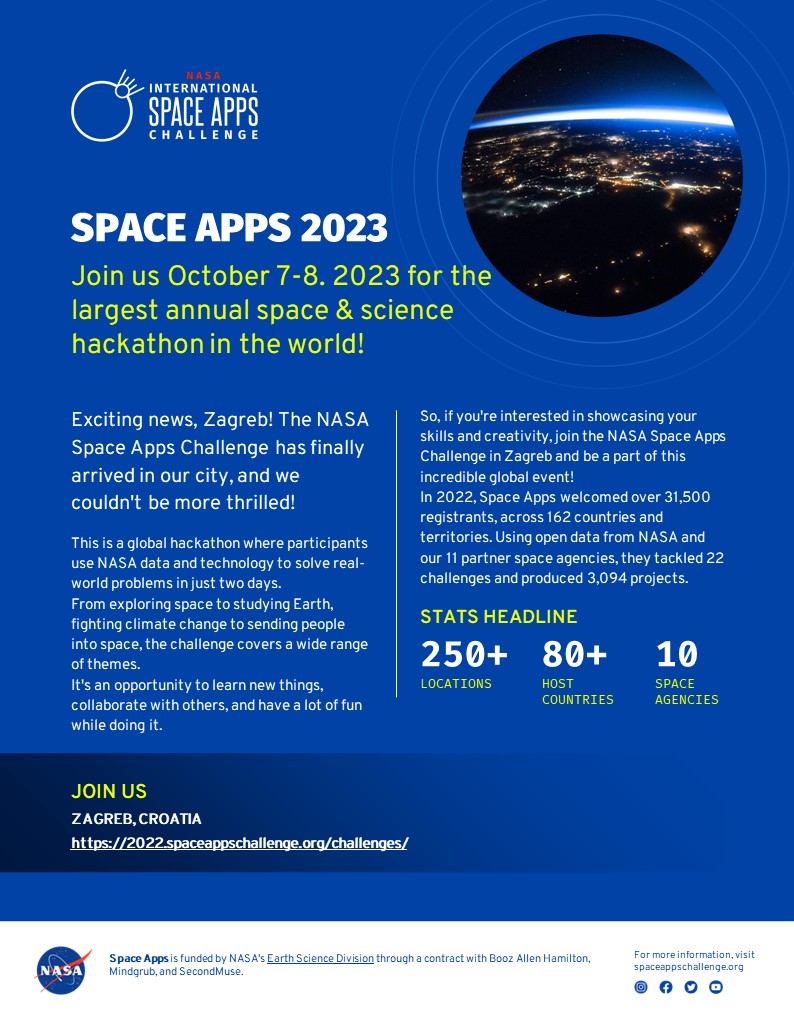 MajaMac's tweet photo. Uzbudljive vijesti, Zagrebe!
NASA Space Apps Challenge @SpaceApps napokon je stigao u naš grad na što smo jako ponosne! Ovo je globalni hackathon na kojem sudionici koriste NASA-ine podatke i tehnologiju za rješavanje problema iz stvarnog svijeta u samo dva dana. 
#SpaceApps https://t.co/uSCYvTqROd