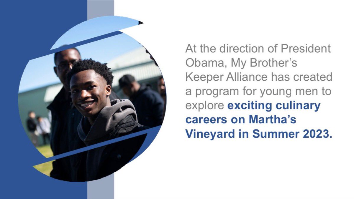 OfficeofBMA's tweet photo. At the direction of President  Obama, @mbk_alliance in partnership with @officeofbma My Brother's Keeper Boston has created the Culinary Careers Accelerator program for young men to explore exciting culinary careers on Martha’s Vineyard in Summer 2023. https://t.co/4A5Lufw2sC