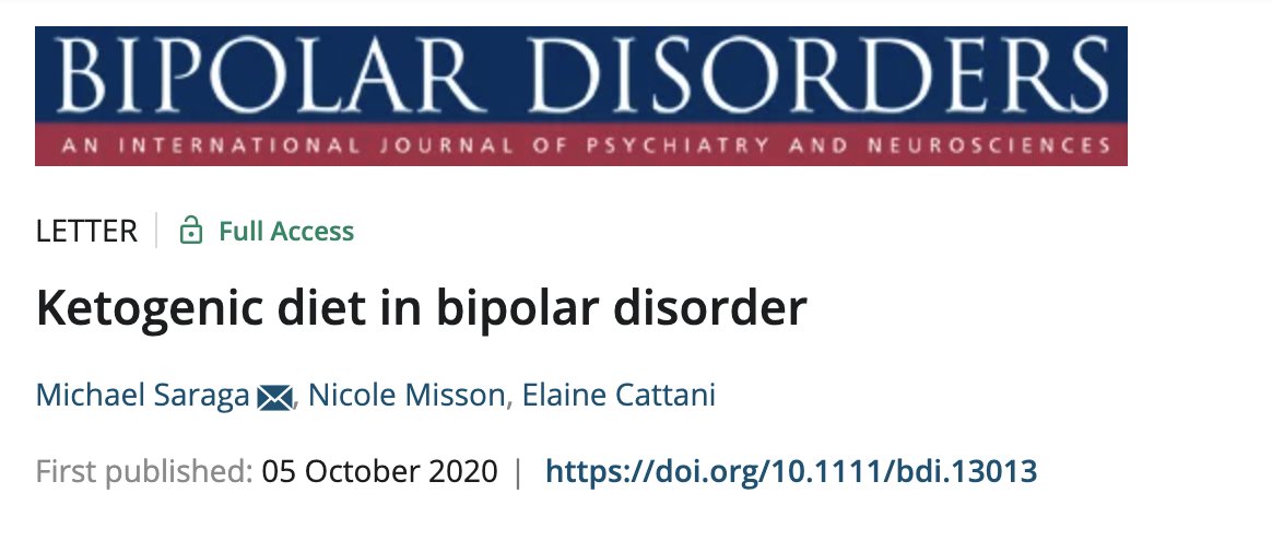 ~Case Study: Ketogenic Diet for Bipolar Disorder~ Michael Saraga, MD, PHD published in the journal Bipolar Disorders. 'We contribute to this limited literature with the personal case of the second author, who suffers from type 1 bipolar disorder. She spontaneously initiated KD