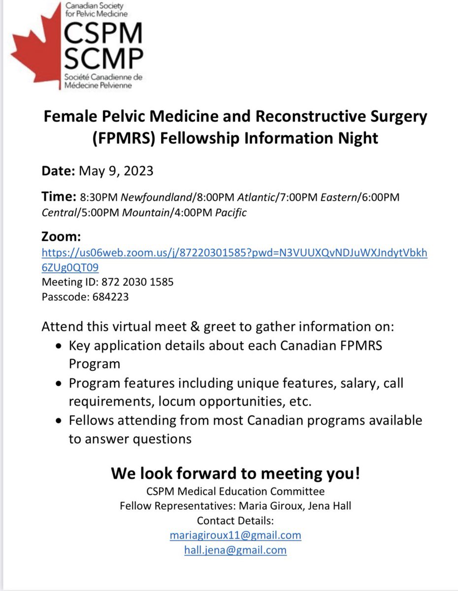 Attention all OBGYN residents! Interested in a Female Pelvic Medicine and Reconstructive Surgery/ Urogynecology Fellowship? Mark your calendars for our info night May 9th!