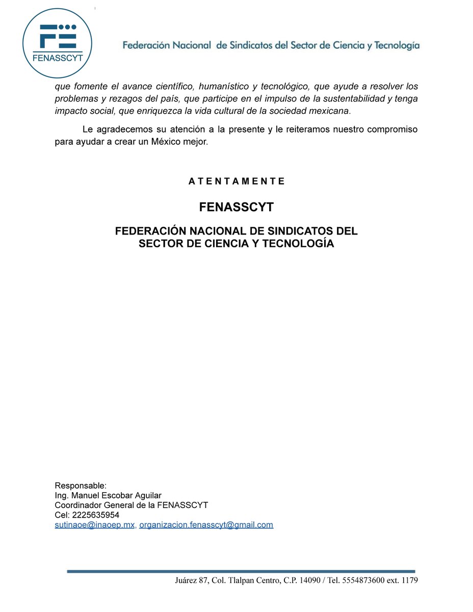Pronunciamiento de la Federación Nacional de
Sindicatos del Sector de Ciencia y Tecnología
(FENASSCYT) en solidaridad a sus agremiados. <a href="/CIDE_MX/">CIDE</a> <a href="/sipacide/">Sindicato del Personal Académico del CIDE</a>