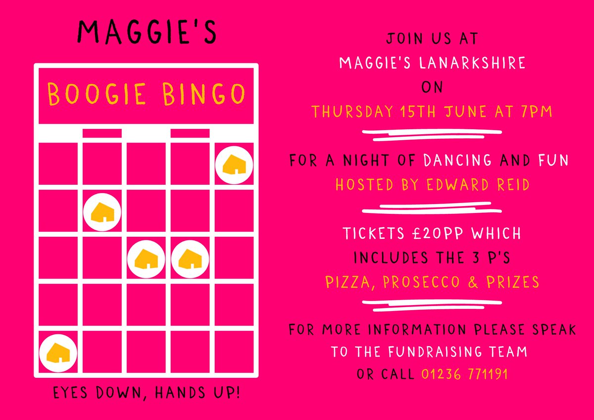 Maggie's Lanarkshire (@maggieslanarks) on Twitter photo Join us on Thursday 15th of June for our first ever Boogie Bingo event hosted by the dancing diva himself Edward Reid🍕🕺
To purchase your tickets please email lanarkshirefundraising@maggiescentres.org or call 01236 771191. Join us on Thursday 15th of June for our first ever Boogie Bingo event hosted by the dancing diva himself Edward Reid🍕🕺
To purchase your tickets please email lanarkshirefundraising@maggiescentres.org or call 01236 771191.