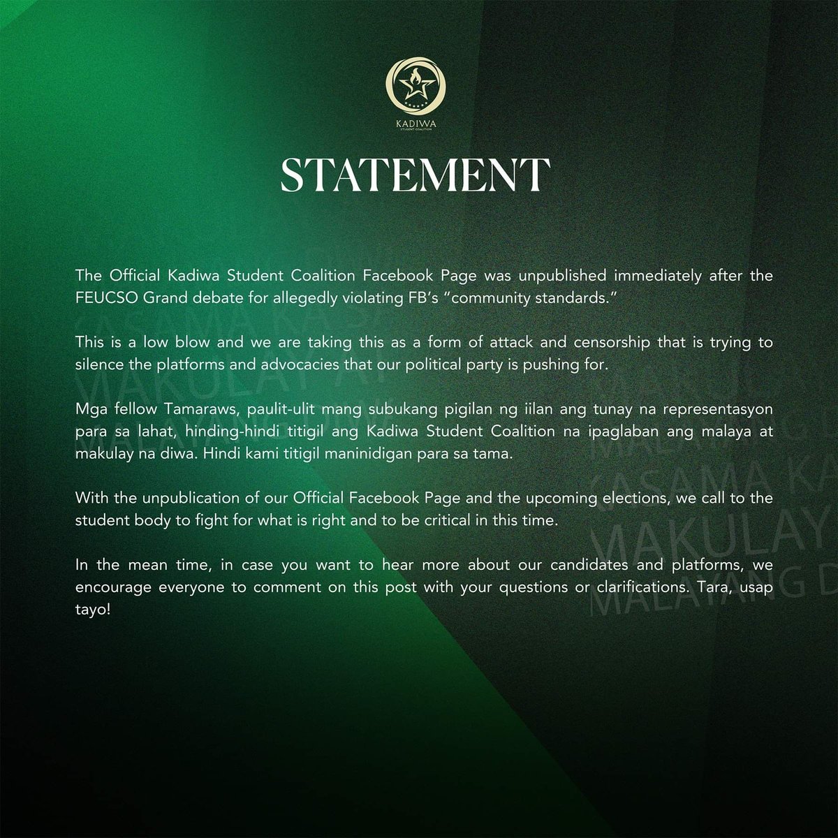 feukadiwa's tweet photo. The Official Kadiwa Student Coalition Facebook Page was unpublished immediately after the FEUCSO Grand debate for allegedly violating FB’s “community standards.” ——— https://t.co/ngAPd9wyO7