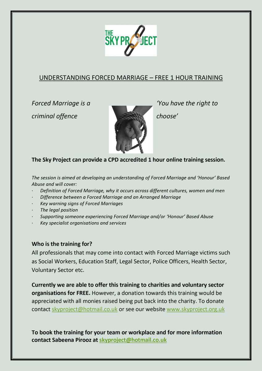 Still a few places left on FREE online training with
<a href="/TheSkyProject2/">The Sky Project</a> on Understanding #ForcedMarriage &amp; 'Honour' Based Abuse #HBV 

NEXT THURSDAY 11th May 12.30-1.30pm  

Find out more &amp; book a place: eventbrite.co.uk/e/understandin… 
#VAWG