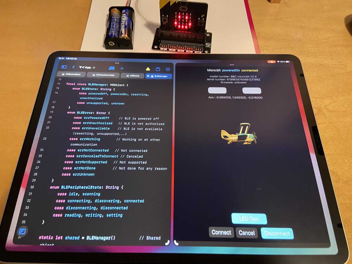 Swift BLE Library for Micro:bit on iPad and Swift Playgrounds🌛
You can make iOS apps that communicates with BBC #Microbit, using iPad and Swift Playgrounds.