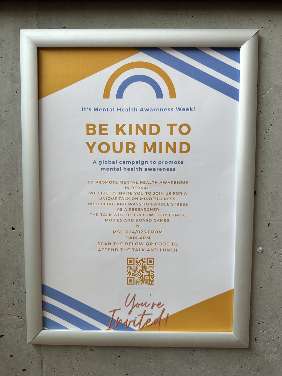 It is Mental Health Awareness Week at the Bernal Institute!!!

On Tuesday (09/05) the EDI Bernal is promoting actions to support the wellbeing of our research community.

You will find the poster for the event throughout the building.

Please register through the QR code below!