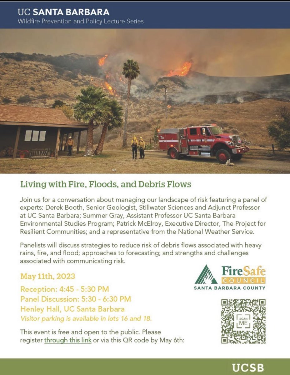SBCountyOEM: "RT <a href="/SBCFireInfo/">Santa Barbara County Fire Department</a>: Don't miss the special lecture on "Living with Fire, Floods, &amp; Debris Flows" May 11. Experts will explore risk reduction, forecasting strategies, &amp; effective risk communication. Join us at <a href="/UCSB/">UCSB</a> &amp; <a href="/SB_FSC/">Santa Barbara Fire Safe Council</a>. Register now: … "