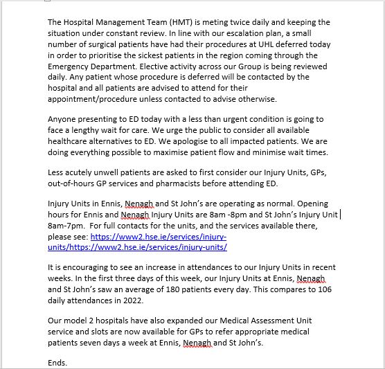 HSEMidWest's tweet photo. 📰 Media Statement:

High attendances at Emergency Department at UHL today

🔵 Long waits for treatment in ED unavoidable in less urgent cases
🔵 Level of elective care across Midwest hospitals under daily review

#MyHealthMidwest

Read more ⤵️ https://t.co/1607xEJ5UL
