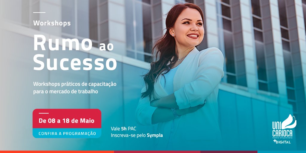 Anota na agenda! 🗓

Entre os dias 8 e 18 de maio, acontecem as oficinas "Rumo ao Sucesso".

O evento tem como objetivo capacitar alunos através de workshops práticos, com temas de relevância para o mercado de trabalho. 😉

Participe: bit.ly/42r2n2i