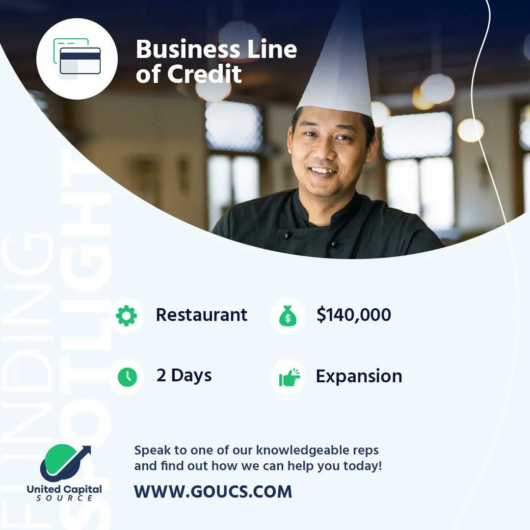 UCSource's tweet image. In this Funding Spotlight, a Restaurant got a Business Line of Credit for $140,000 in 2 days! 
What can UCS do for your business? Apply Here: buff.ly/3eQzww3 🌮 🥑 🍣 

#UCSFundingSpotlight #SmallBusinessLoans #BusinessLineofCredit #UnitedCapitalSource #UCS #GoUCS