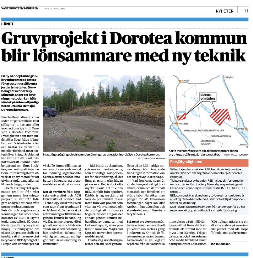 eurobatterymin's tweet photo. "Mining projects in Dorotea municipality become more profitable with new technology" titles the Swedish medium Västerbottens-Kuriren. We are pleased about the local interest and attention for our project in Fetsjön. https://t.co/G5GadEtED4