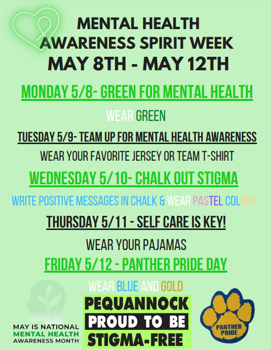 MichaelPortas's tweet photo. Our district will celebrate Mental Health Awareness Spirit Week from 5/8-5/12. To help prepare for the daily themes, please see the image. #StigmaFree #PeqPantherPride #NockNation https://t.co/zWQ7tcIG1F