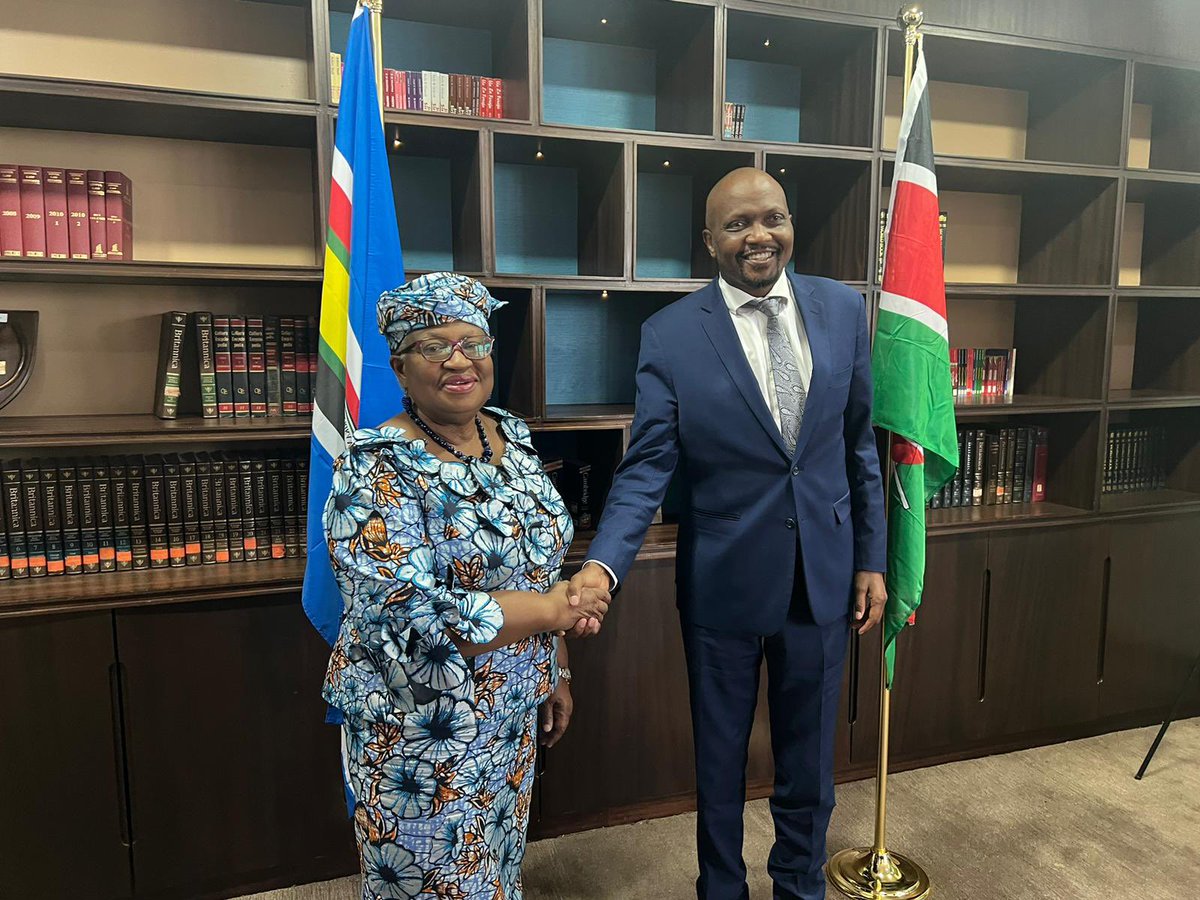NOIweala's tweet photo. Terrific meeting with the Kenyan Cabinet Secretary of Investments, Trade & Industry H.E @HonMoses_Kuria. Focusing on MSMEs and inclusion, digital economy, trade finance, ratification of fisheries, implementation of AfCFTA and preparation for @wto’s MC13. https://t.co/gFeybt95in